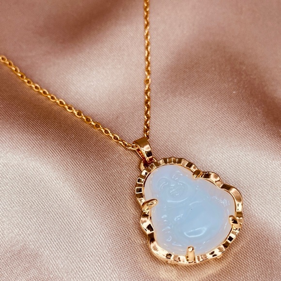 Luzy Jewelry Jewelry - Beautiful White Jade Laughing Buddha Design Pendant Dainty Chain in Gold